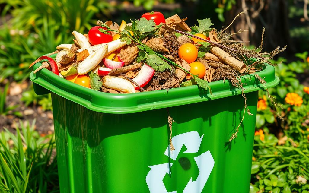 green recycling bin including food scraps and yard waste